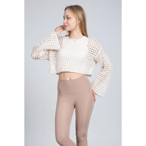 Ekru Ajurlu Crop Bluz - Ekru