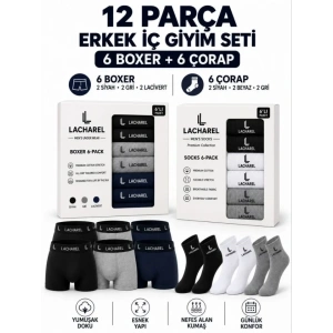 Erkek 12li İç Giyim Seti Pamuklu 6 Boxer 6 Çorap Çoklu Paket - Siyah - Lacivert - Gri - Beyaz
