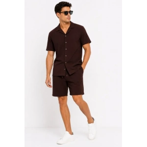 Erkek 2li Krep Kumaş Cepli Gömlek Şort Takım Kısa Kollu Bağcıklı - Kahverengi - Lacivert