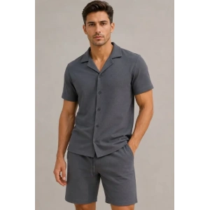 Erkek 2li Krep Kumaş Cepli Gömlek Şort Takım Kısa Kollu Bağcıklı - Lacivert - Füme