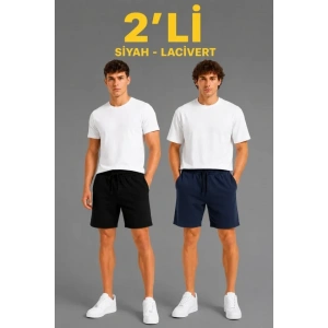 Erkek 2li Pamuklu Şort 3 İplik Şardonsuz Cepli Lastikli Bağcıklı Regular Fit - Siyah - Lacivert