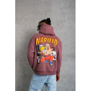 Erkek 3 İplik Pamuklu Kapüşonlu Baskılı Cepli Oversize Sweatshirt Hoodie - Gül Kurusu