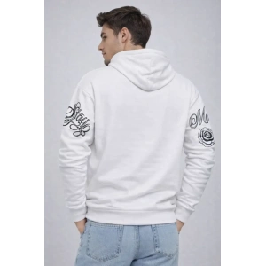 Erkek 3 İplik Pamuklu Kapüşonlu Baskılı SweatShirt Hoodie - Beyaz