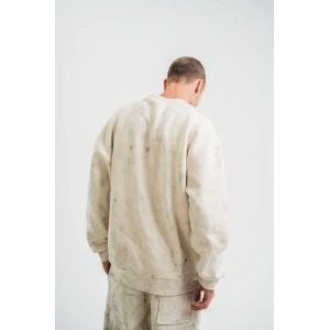Erkek 3 İplik Pamuklu Yağ Yıkamalı Sweatshirt Double Oversize Bisiklet Yaka Uzun Kol - Krem