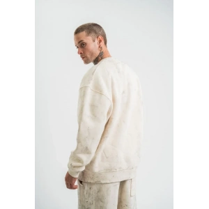 Erkek 3 İplik Pamuklu Yağ Yıkamalı Sweatshirt Double Oversize Bisiklet Yaka Uzun Kol - Krem