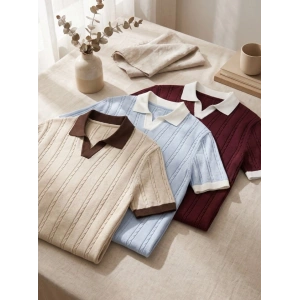 Erkek 3lü Paket Örgü Desen Yakalı Kısa Kollu Triko Tişört - %100 Pamuk Akrilik