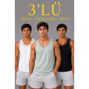 Erkek 3’lü Kolsuz Sporcu Atlet Seti Yazlık Bisiklet Yakalı - Mint Yeşili, Siyah, Beyaz