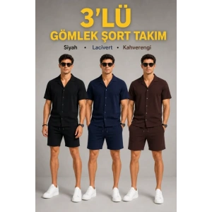 Erkek 3’lü Krep Kumaş Cepli Gömlek Şort Takım Kısa Kollu Bağcıklı - Siyah , Lacivert , Kahverengi