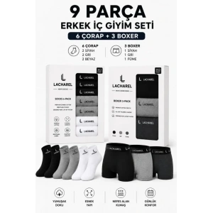 Erkek 9Lu İç Giyim Seti Pamuklu 3 Boxer 6 Çorap Çoklu Paket - Siyah - Füme - Gri - Beyaz