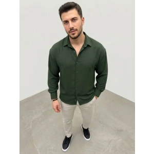 Erkek Aerobin Kumaş Oversize 4 Mevsim Uzun Kollu Rahat Kalıp Gömlek - Haki