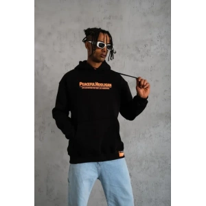 Erkek Armalı Baskılı Kapüşonlu Sweatshirt - Siyah