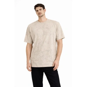 Erkek Asit Yıkama Bisiklet Yaka Kısa Kollu Oversize T-Shirt Tişört - Bej