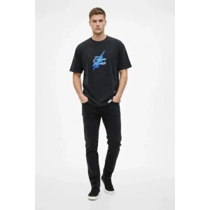 Erkek Asit Yıkamalı Oversize Tişört Future Worlds Baskılı Bisiklet Yaka Kısa Kollu Streetwear %100 Pamuk Street Style T-Shirt - Siyah