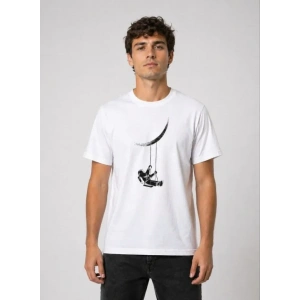 Erkek Astronot Ay Temalı Tişört Kısa Kol Yazlık Bisiklet Yaka T-Shirt - Beyaz