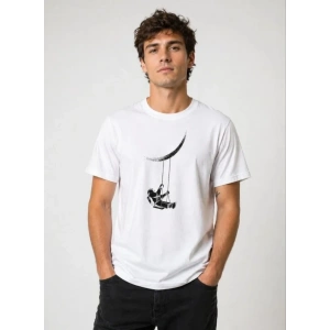 Erkek Astronot Ay Temalı Tişört Kısa Kol Yazlık Bisiklet Yaka T-Shirt - Beyaz