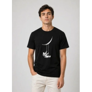 Erkek Astronot Ay Temalı Tişört Kısa Kol Yazlık Bisiklet Yaka T-Shirt - Siyah