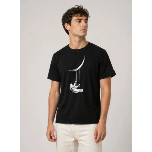 Erkek Astronot Ay Temalı Tişört Kısa Kol Yazlık Bisiklet Yaka T-Shirt - Siyah