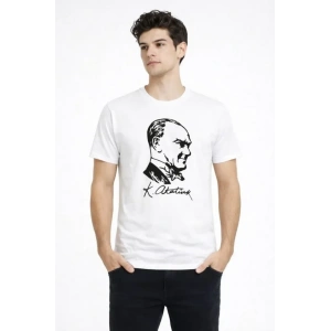 Erkek Atatürk Baskılı Tişört Kısa Kollu Bisiklet Yaka T-Shirt - Beyaz