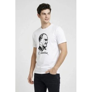 Erkek Atatürk Baskılı Tişört Kısa Kollu Bisiklet Yaka T-Shirt - Beyaz