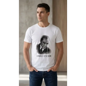 Erkek Atatürk Baskılı Tişört Kısa Kollu Bisiklet Yaka  T-Shirt - Beyaz