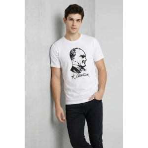 Erkek Atatürk Baskılı Tişört Kısa Kollu Bisiklet Yaka T-Shirt - Beyaz