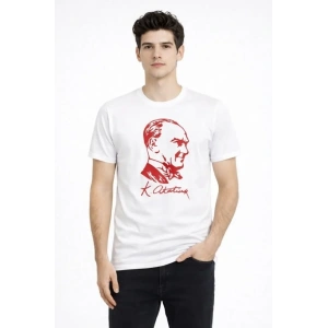 Erkek Atatürk Baskılı Tişört Kısa Kollu Bisiklet Yaka T-Shirt - Beyaz