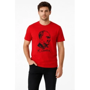 Erkek Atatürk Baskılı Tişört Kısa Kollu Bisiklet Yaka T-Shirt - Kırmızı