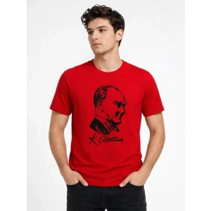 Erkek Atatürk Baskılı Tişört Kısa Kollu Bisiklet Yaka T-Shirt - Kırmızı