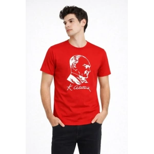Erkek Atatürk Baskılı Tişört Kısa Kollu Bisiklet Yaka T-Shirt - Kırmızı