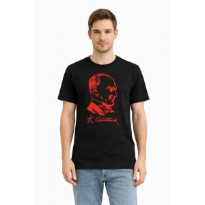 Erkek Atatürk Baskılı Tişört Kısa Kollu Bisiklet Yaka T-Shirt - Siyah