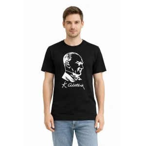 Erkek Atatürk Baskılı Tişört Kısa Kollu Bisiklet Yaka T-Shirt - Siyah