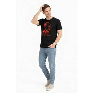 Erkek Atatürk Baskılı Tişört Kısa Kollu Bisiklet Yaka T-Shirt - Siyah