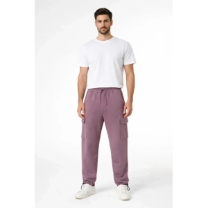 Erkek Baggy Üç İplik Kargo Cepli Eşofman Ayarlanabilir Paça Beli İpli Pantolon - Gül Kurusu