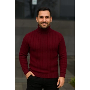 Erkek Balıkcı Yaka Bağazlı Triko Kazak Pamuklu Kalın Fitilli Dokuma, Regular Fit Uzun Kollu Kışlık Model - Bordo