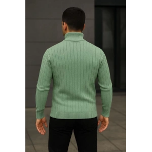 Erkek Balıkcı Yaka Bağazlı Triko Kazak Pamuklu Kalın Fitilli Dokuma, Regular Fit Uzun Kollu Kışlık Model - Mint Yeşili