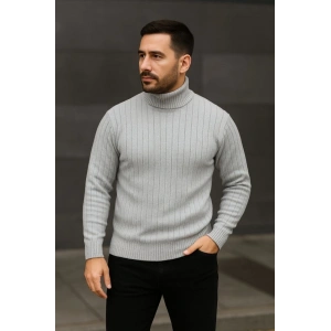 Erkek Balıkcı Yaka Bağazlı Triko Kazak Pamuklu Kalın Fitilli Dokuma, Regular Fit Uzun Kollu Kışlık Model - Gri