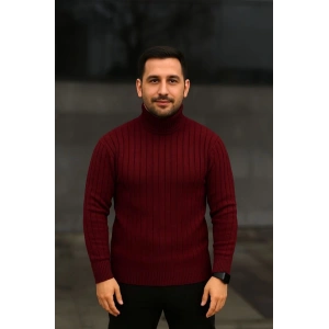 Erkek Balıkcı Yaka Bağazlı Triko Kazak Pamuklu Kalın Fitilli Dokuma, Regular Fit Uzun Kollu Kışlık Model - Bordo