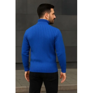 Erkek Balıkcı Yaka Bağazlı Triko Kazak Pamuklu Kalın Fitilli Dokuma, Regular Fit Uzun Kollu Kışlık Model - Saks Mavisi
