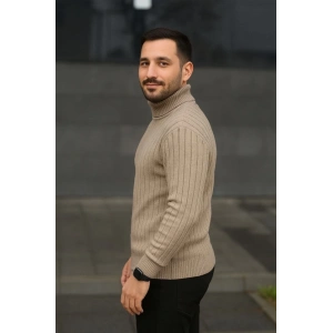 Erkek Balıkcı Yaka Bağazlı Triko Kazak Pamuklu Kalın Fitilli Dokuma, Regular Fit Uzun Kollu Kışlık Model - Bej