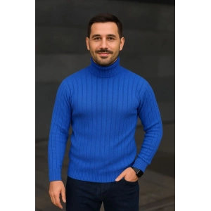 Erkek Balıkcı Yaka Bağazlı Triko Kazak Pamuklu Kalın Fitilli Dokuma, Regular Fit Uzun Kollu Kışlık Model - Saks Mavisi