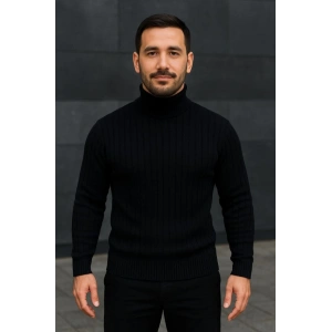 Erkek Balıkcı Yaka Bağazlı Triko Kazak Pamuklu Kalın Fitilli Dokuma, Regular Fit Uzun Kollu Kışlık Model - Siyah