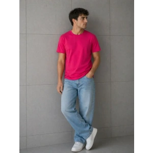 Erkek Basic Pamuklu Tişört Bisiklet Yaka Düz Renk Regular Fit T-Shirt - Fuşya