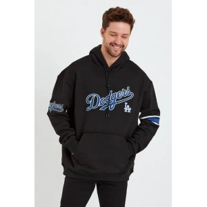 Erkek Baskılı Kapşonlu Üç Iplik Oversize Sweatshirt - Siyah