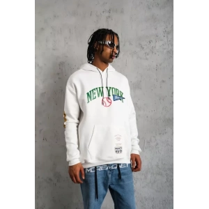 Erkek Baskılı Kapüşonlu Sweatshirt - Beyaz
