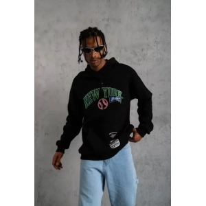 Erkek Baskılı Kapüşonlu Sweatshirt - Siyah