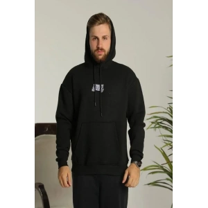 Erkek Baskılı Oversize Üç İplik Kapüşonlu Sweatshirt - Siyah