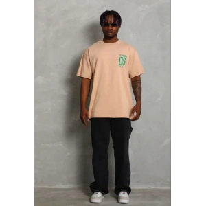 Erkek Baskılı T-Shirt Kısa Kol Bisiklet Yaka Regular Fit Rahat Kalıp Günlük Tişört - Bej