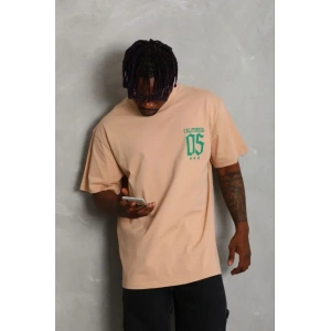 Erkek Baskılı T-Shirt Kısa Kol Bisiklet Yaka Regular Fit Rahat Kalıp Günlük Tişört - Bej