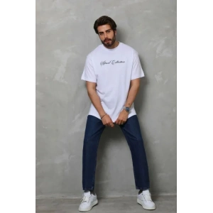Erkek Baskılı T-Shirt Kısa Kol Bisiklet Yaka Regular Fit Rahat Kalıp Günlük Tişört - Beyaz