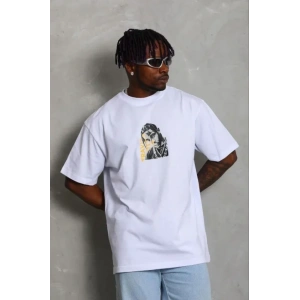 Erkek Baskılı T-Shirt Kısa Kol Bisiklet Yaka Regular Fit Rahat Kalıp Günlük Tişört - Beyaz
